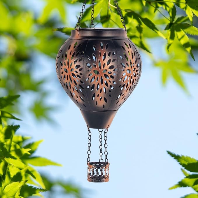 Hot Air Balloon Solar Lantern, Flower Hollow Out Solar Powered Hot Air Balloon Lantern Outdoor Waterproof, Metal Hanging Hots Airs Balloons Solars Light for Outdoor Patio Garden Decor