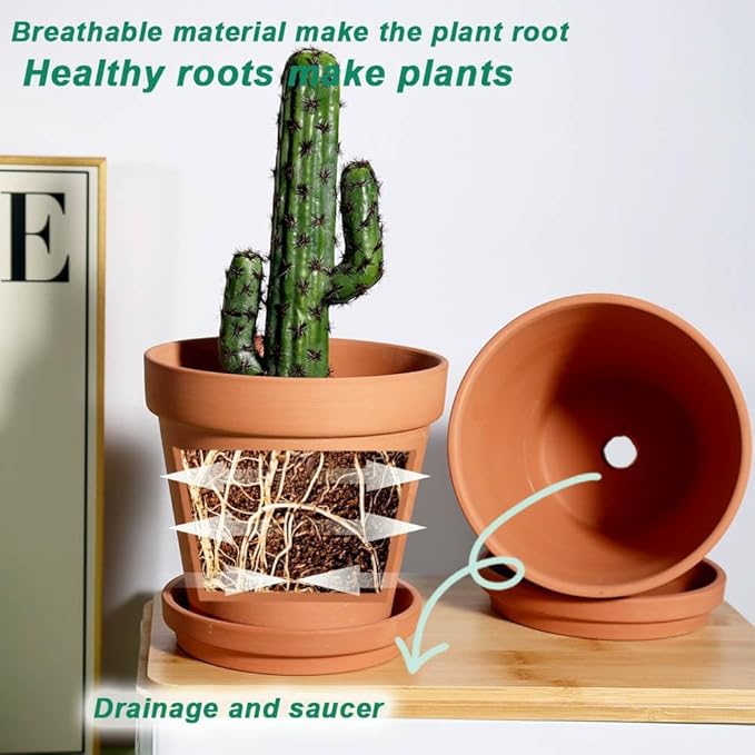 vensovo 8 Inch Clay Pot for Plant with Saucer - 2 Pack Large Terra Cotta Plant Pot with Drainage Hole, Clay Planters Pot, Terracotta pot for Indoor Outdoor Plant