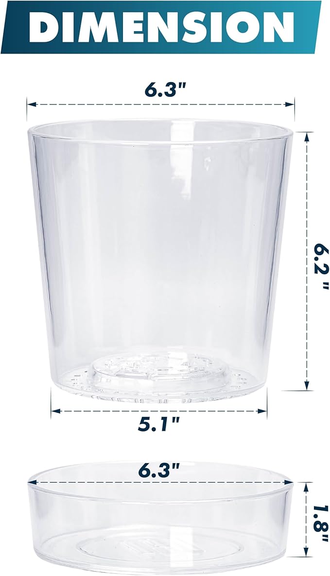 Phoenix Vine 6.5 Inch Clear Acrylic Planter Pot with Tray, Orchid Pot with Drainage Holes, Deep Saucer for Bottom Watering, Transparent Containers for Indoor Plants, Herbs, Set of 3, 91-A-F-3