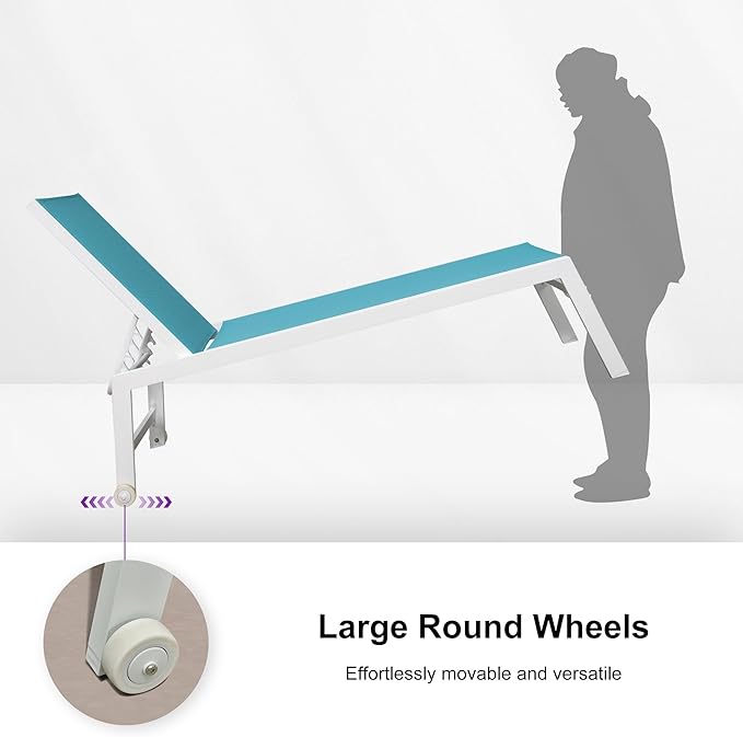 PURPLE LEAF Oversize Outdoor Chaise Lounge Set of 4 Outdoor White Aluminum Lounge Chairs with Side Table and Wheels Patio Lounge Chair for Yard Pool Deck, Turquoise