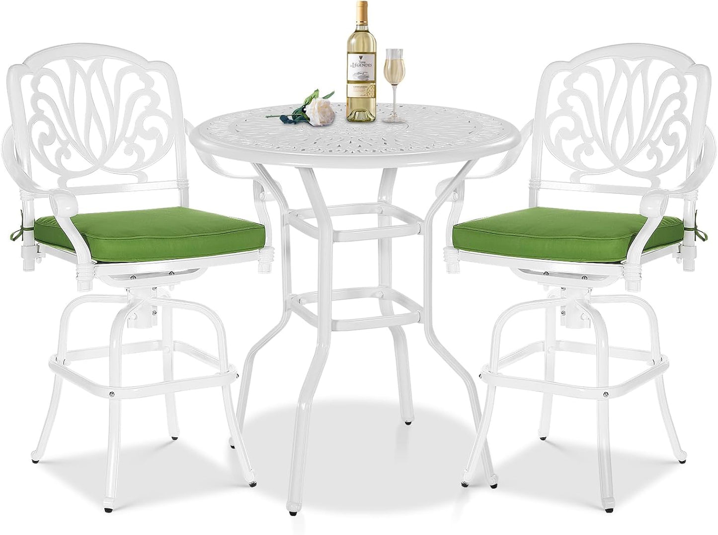 3 Pieces Patio Swivel Bar Set, Patio High Top Bar Table and Chairs Set, All-Weather Cast Aluminum High Swivel Bar Stools Chair Set of 2 and 35.4" Table, Patio Bistro Set for Garden,White