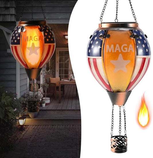 U.S Flag Hot Air Balloon Solar Lantern - MAGA Simulated Flickering Flame Stained Glass Light for Outdoor, Yard Hanging/ Waterproof IP65, Ideal 4th of July Gift for Patriot Veterans Patio Decor
