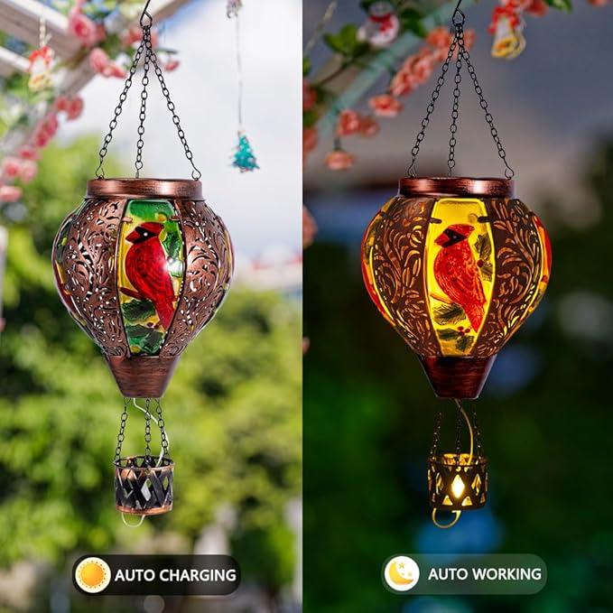 Starsoul Cardinal Hot Air Balloon Solar Lantern with Flame Candle, Hanging Hot Air Balloon Outdoor Solar Lanetrns Waterproof for Garden Patio Yard, Mother's Day Xmas Christmas Woman Gifts