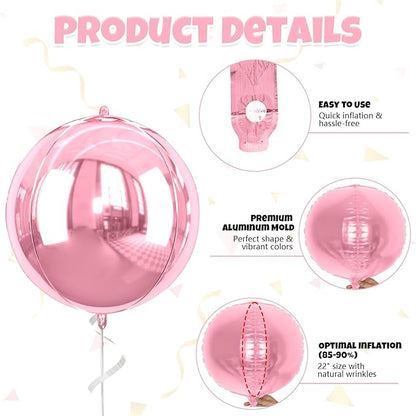 Giant 4D Pink Foil Balloons, 6Pcs Large Metallic Pink Round Balloons, 22 Inch Big Round Foil Balloon for Pink Birthday Party Baby Shower Wedding Decorations