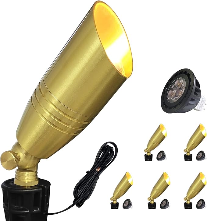 COLOER Die-cast Brass Landscape Spotlight 6-Pack with 5W Aluminum Housing LED MR16 Bulb,12V AC/DC Low Voltage Copper Outdoor Lighting, Directional Garden Patio Spot Up Light (102B Brass Finish)