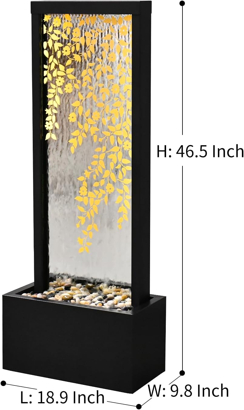 46" H Fountains Outdoor Indoor Tall Waterfall Fountain with LED Lights Large Modern Mirror Fountain for Garden,Patio,Backyard,Home,Black Silver Golden