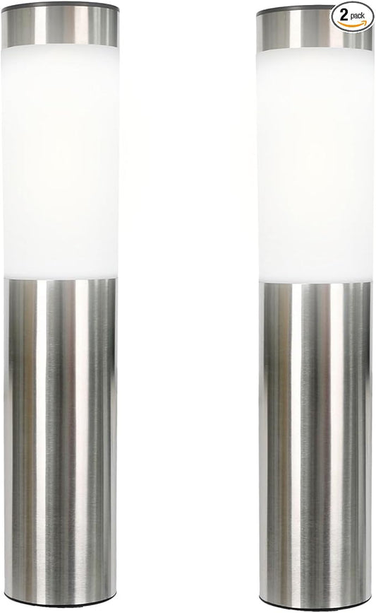 TECHKO Stainless Steel Outdoor Solar Bollard Path Lights (2-Pack), Solar Cylinder Pathway Lights (Stainless Steel)