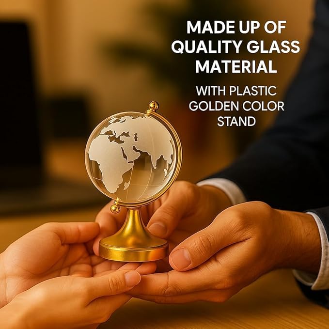 Elegant Crystal Globe with Gold Stand – 3D Decorative World Map, Modern Desk Ornament, Office & Home Decor (Medium)