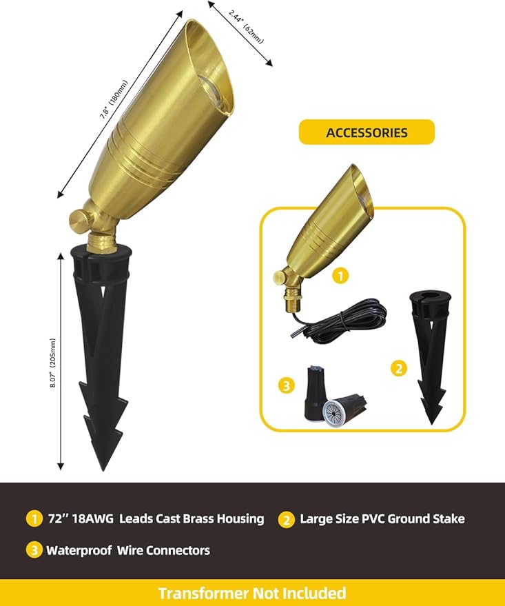 COLOER Die-cast Brass Landscape Spotlight 10-Pack Without Bulb,12V AC/DC Low Voltage Copper Outdoor Lighting with Ground Stake, Directional Garden Patio Spot Up Light (102B Brass Finish)
