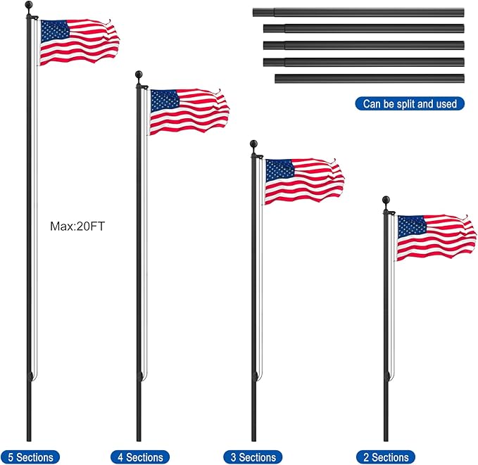 Flag Pole Kit 20FT, 12 Gauge 1.8mm Thickness Heavy Duty Flag Poles with 3x5 American Flag, Black Flag Pole for Outdoor House In Ground, Extra Thick Flagpoles Suitable for Yard and Garden