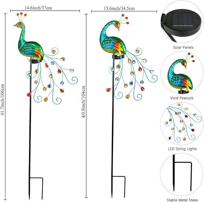 VEWOGARDEN 2 Pack Solar Stake Lights Outdoor Waterproof Metal Peacock Solar Lights for Yard Garden Patio Pathway Walkway, Green