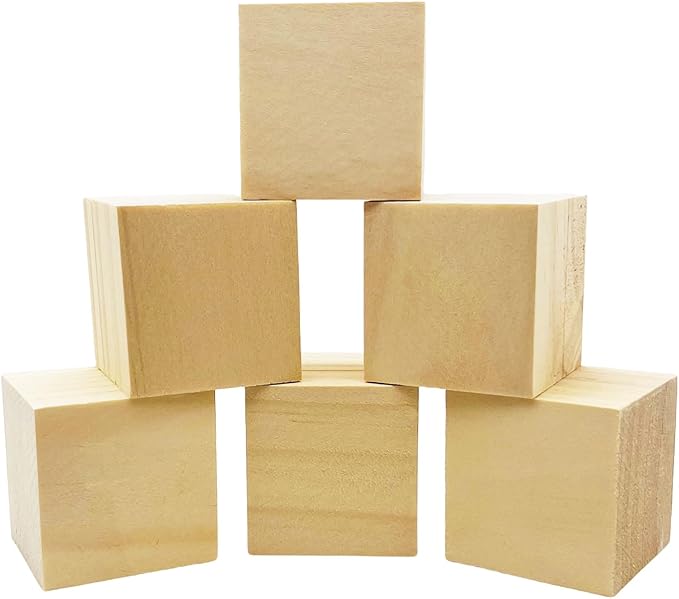 6 Pcs 2 Inch Wood Cubes, Unfinished Natural Wood Square Blocks for Arts and Crafts