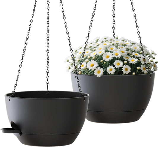 2 Pack Hanging Planters for Indoor Outdoor Plants, 12 Inch Self Watering Hanging Pot with Drainage Holes and Saucer, Plastic Plant Pots, Black Flower Pots for Kitchen, Balcony, Garden