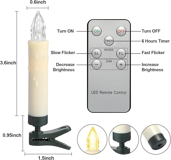 LED Christmas Candles, Flickering Clip on Candles for Christmas Tree, Battery Operated with Remote Timer, Warm White Light, Flameless Taper Candles for Home Christmas Decor, Set of 30