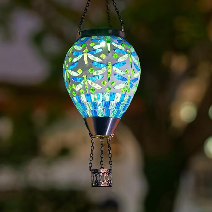 Starsoul Mosaic Dragonfly Hot Air Balloon Solar Lantern Glass Outdoor Hanging Hot Air Balloon Solar Flickering Flame Light Waterproof Garden Patio Yard Party Decorations