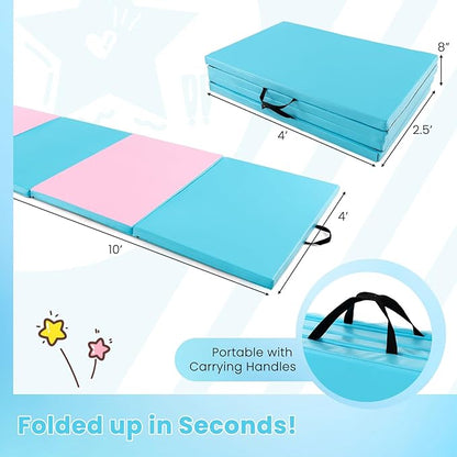 Giantex 4'x10'x 2" Gymnastics Mat, 4-Panel Folding Aerobics Exercise Mat w/Hook & Loop Fastener, Carrying Handle, Portable Tumbling Mat for Stretching Yoga Cheerleading Martial Arts
