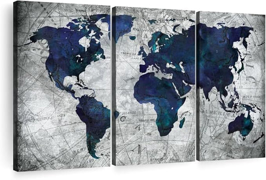 ElephantStock Deep Blue World Map Multi Piece Canvas - 3 Panel Wall Decor - Map of the World Art - Canvas for the Office and Home - 38" X 24"