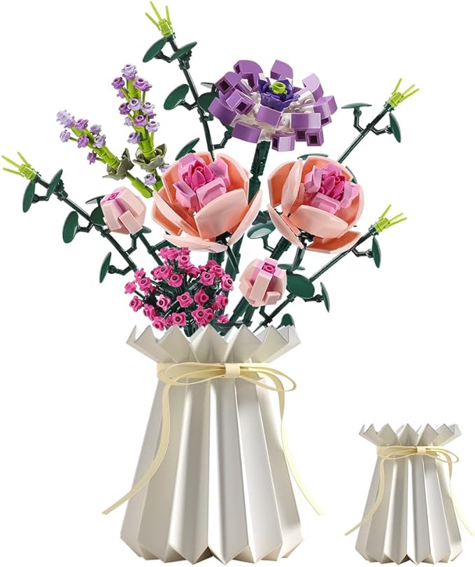Flower Bouquet Building Blocks Artificial Pink Rose with Paper Vase Botanical Collection Bricks Sets Kits Christmas X'Mas Valentine Gifts Birthday Creative Gifts for Adults Girlfriends(413PCS)
