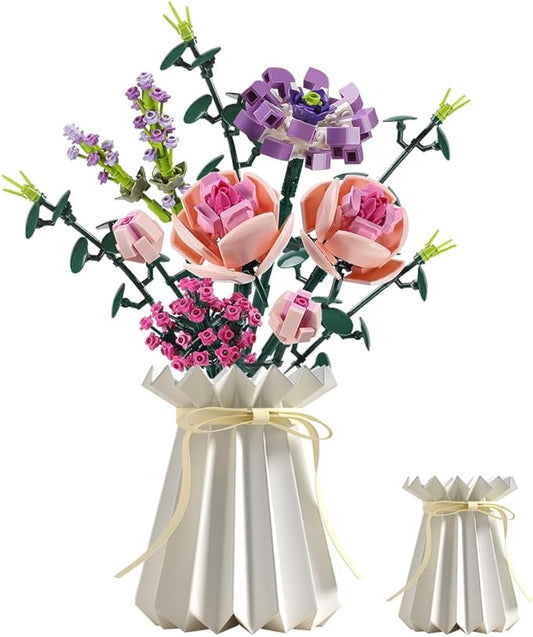 Flower Bouquet Building Blocks Artificial Pink Rose with Paper Vase Botanical Collection Bricks Sets Kits Christmas X'Mas Valentine Gifts Birthday Creative Gifts for Adults Girlfriends(413PCS)