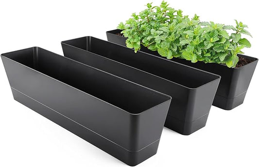 GREANER Window Boxes Planters, 3PCS 16x3.8 Inch Black Rectangle Planters Box with Drainage Holes and Trays, Herb Succulents Flowers Plastic Pot for Windowsill, Garden, Balcony, Indoor, Outdoor Decor