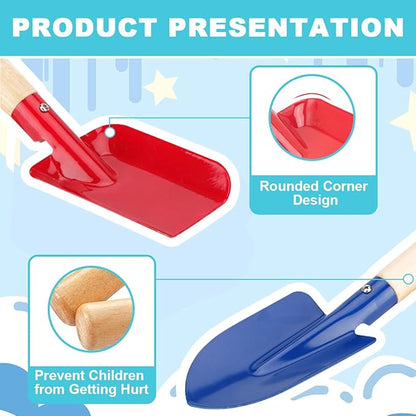 Beach Toys, 6 Pcs Children Beach Sand Toys, 8'' Kids Gardening Set Metal Garden Tools with Sturdy Wooden Handle,Safe Kids Shovel with Cylinder, Spoon, Fork, Rake, Flat Shovel & Pointed Shovel