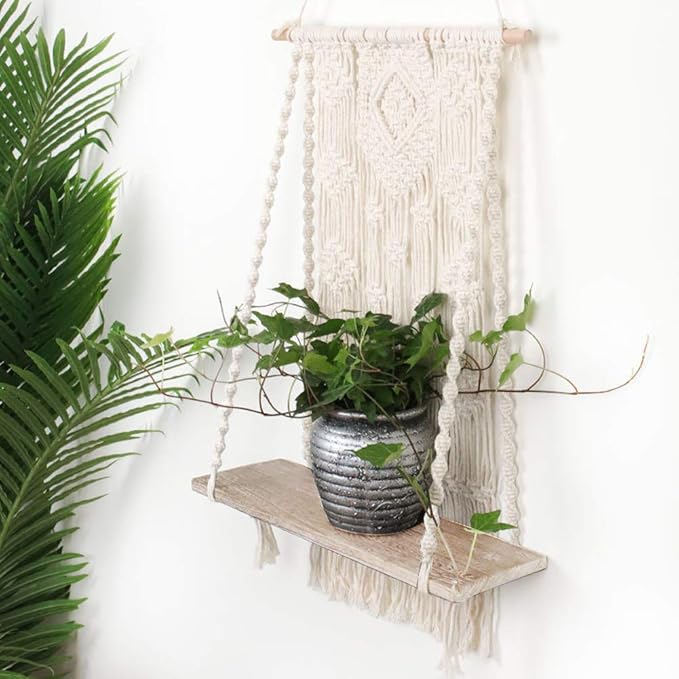 AMIAEDU Macrame Wall Hanging Shelf, Handmade Indoor Boho Pot Basket Hanger Holder, Rope Plant Hanger for Wall Decor (White)
