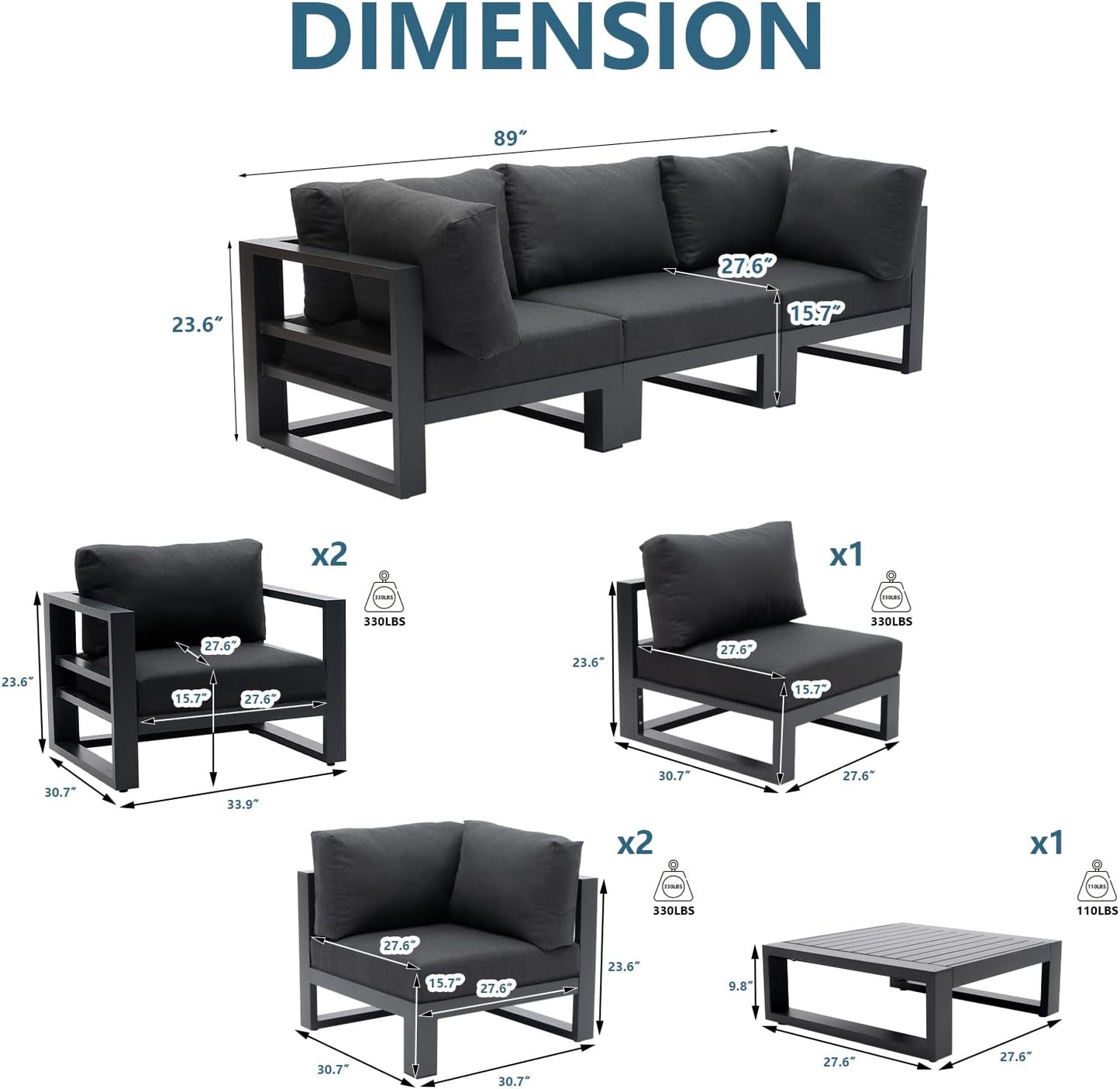 Outdoor Conversation Set 6 Pieces Aluminum Patio Furniture Modular Sectional Sofa Set with Armchairs, Square Coffee Tables, Dark Grey Cushions