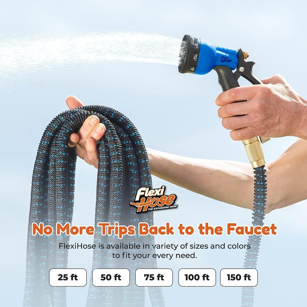 Flexi Hose with 8 Function Nozzle, 25FT - Lightweight Expandable Garden Hose, No-Kink Flexibility, 3/4 Inch Solid Brass Fittings and Double Latex Core