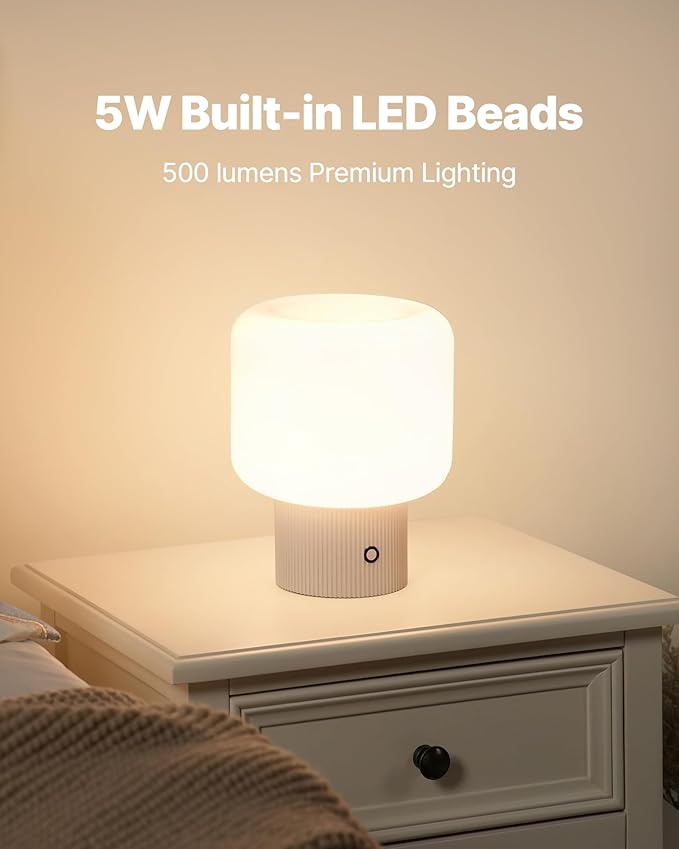 Halo Mushroom Lamp, 5W Cute Cordless Rechargeable Table Lamp with Glass Shade, 3 Color Temps LED Dimmable Ambient Lighting, Small Retro Touch Bedside Light for Bedroom Decor, White