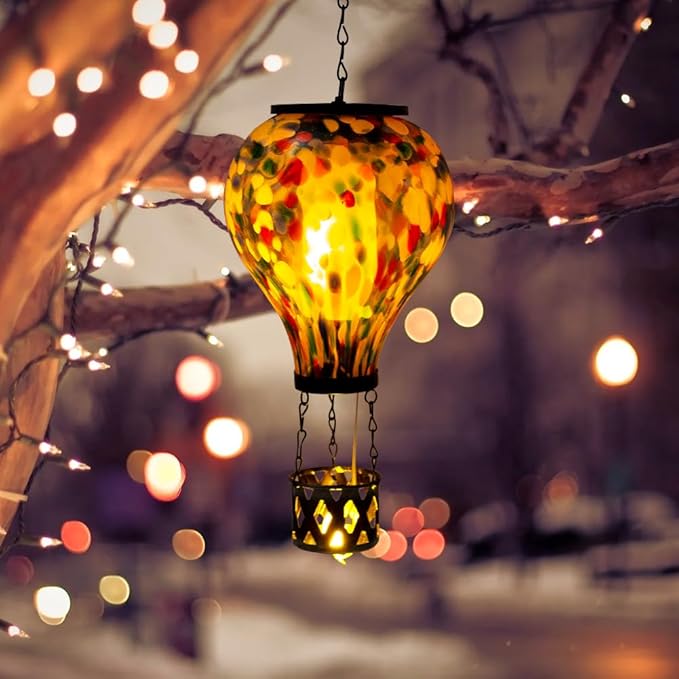 Starsoul Hot Air Balloon Solar Lantern Glass Outdoor Hot Air Balloon Solar Flickering Flame Light Waterproof Hanging Lantern for Garden Yard Patio Decorations