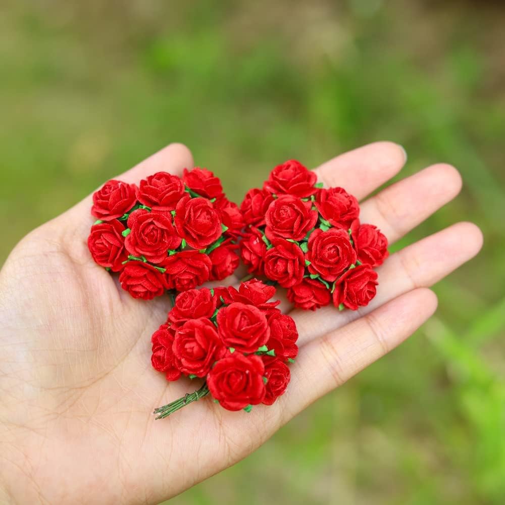Handmade Mini Mulberry Paper Roses 18 mm Mulberry Paper Flowers Scrapbooking Wedding DIY Craft 50 pcs (Red Color)