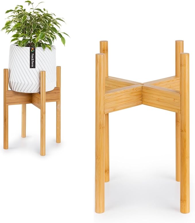 Fox & Fern Bamboo Plant Stand — 8 Inch Fixed Size Mid Century Plant Stand for Indoor Pots; Raised Flower Pot Holder for Indoors; Plug In Design; Two Height Options; Easy to Assemble - Bamboo