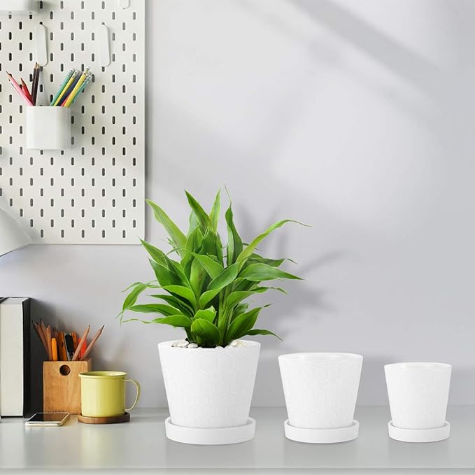Plant Pots – 4”+5”+6” inch Ceramic Planter with Drainage Holes and Ceramic Tray - Gardening Home Desktop Office Windowsill Decoration Gift Set 3 - Plants NOT Included (White)