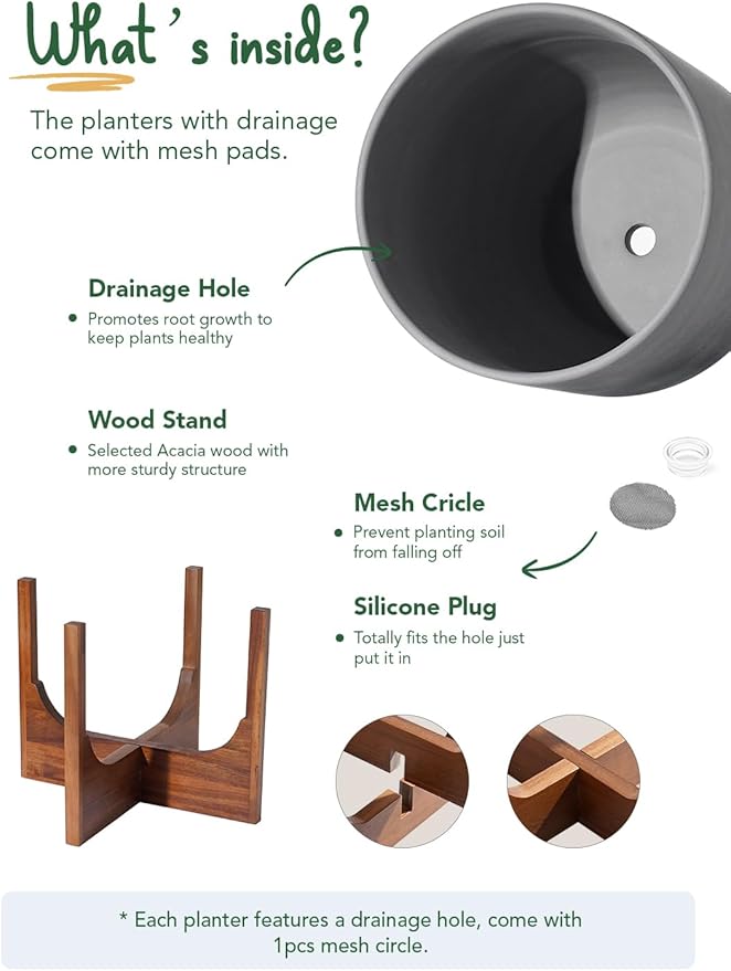 LE TAUCI 10 Inch Plant Pot with Acacia Wood Stand, Ceramic Planters for Indoor Plants, Plant Pots Indoor for Home Decor, Mid-Century Modern Pots for Plants with Drainage Hole and Plug, Charcoal Gray