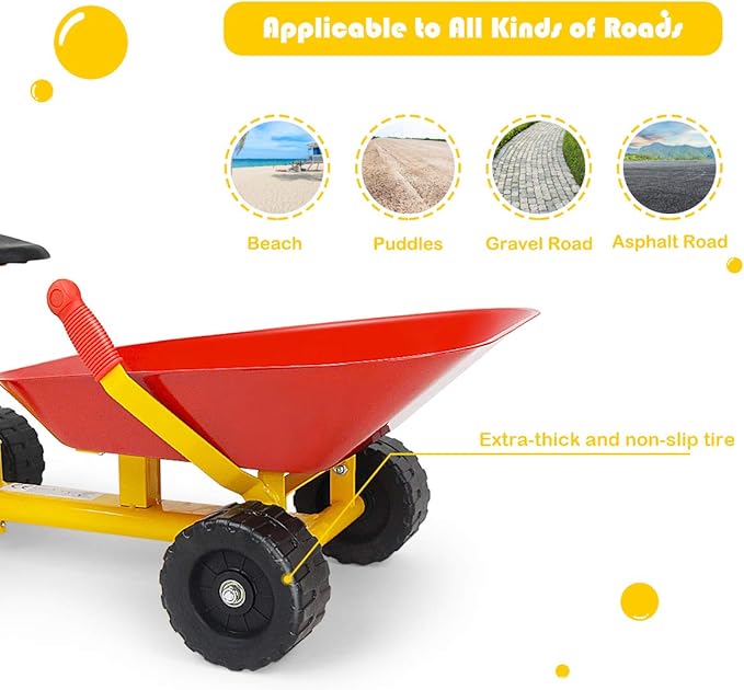 Costzon Kids Ride-on Sand Dumper, Children Outdoor Sandbox Toy w/Ergonomic Handle & 4 Wheels, Heavy Duty Steel Digging Metal Garden Play Tool for Boys Girls, Kids Wheelbarrow (Red)