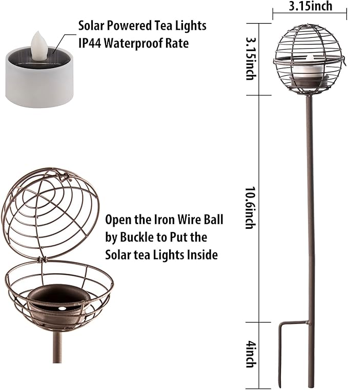Solar Pathway Lights Outdoor, Rust Iron Ball Candle Holder Stake with Flickering Solar Powered Tea Lights, Perfect Decorative Garden Lighting for Yard Lawn Patio Landscape Decor Outside-4Pack