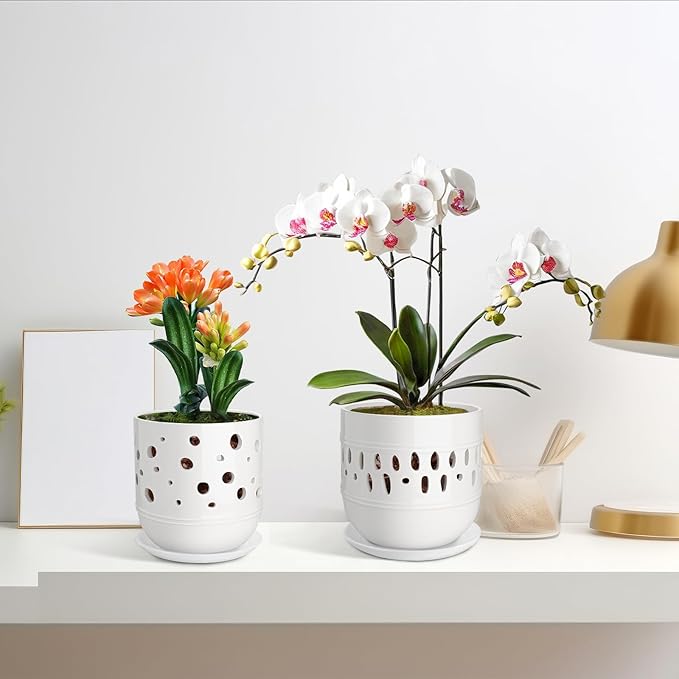 Orchid Pot, 5+6 Inch Orchid Pots with Holes, Orchid Pots for Repotting,Ceramic Flower Pots with Drainage and Tray,Planters for Indoor/Outdoor Plants - White