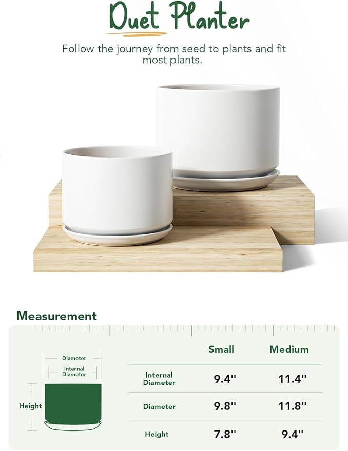 LE TAUCI Ceramic Plant Pots, 10 + 12 Inch Pots for Plants, Indoor Plant Pots for Home and Office, Modern Flower Pots Fit Mid Century Plant Stand, Planters with Drainage Holes and Saucers, White