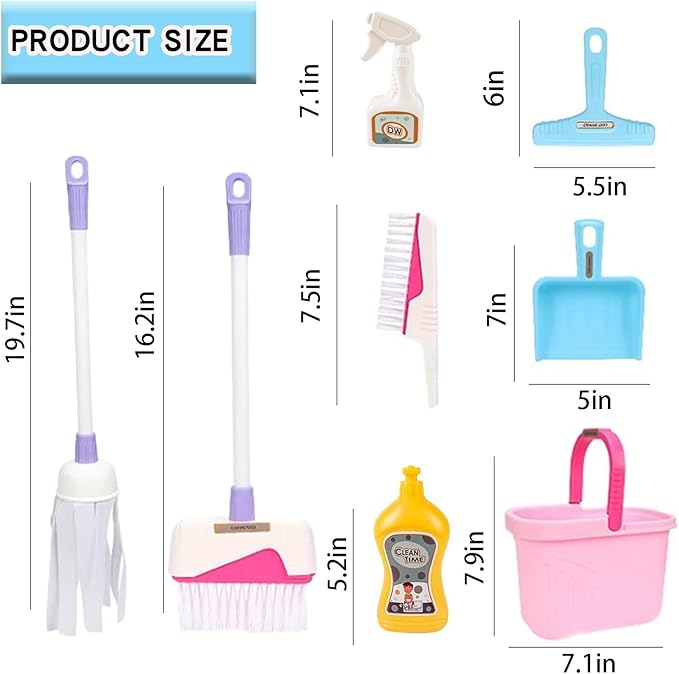 Kids Cleaning Toy Set - Pretend Play Cleaning Tools with Mop, Broom, Bucket & Spray Bottle - STEM House Role Play Toys for Girls & Boys 3-5 Years