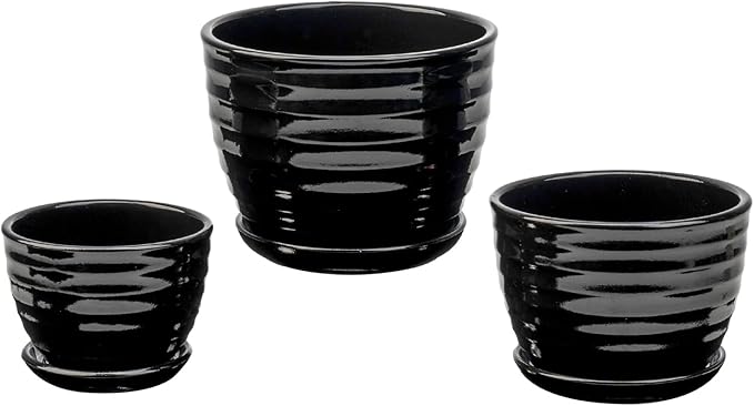 MyGift Modern Ribbed Black Ceramic Small Planters for Houseplant Flower Succulent Herb, Indoor Home Garden Plant Pot with Drainage Hole and Attached Saucer, Set of 3