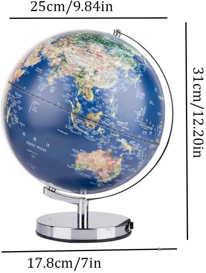 Decorative Globe with LED Light, 9.84"/11.81" HD Geographic Globe, Chinese & English Relief Map for Students & Teaching, Rotating Stand