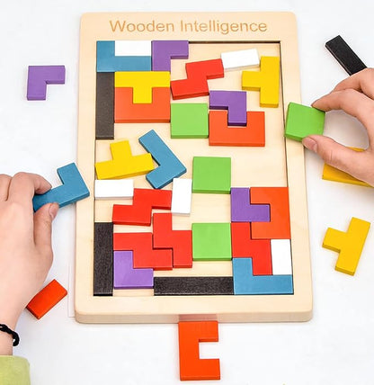 Large Wooden Blocks Puzzle Brain Teasers Toy Geometric Tangram Brain Teaser Puzzles Geometry Jigsaw 3D Russian Blocks Game STEM Montessori Educational Gift for Kids Adults