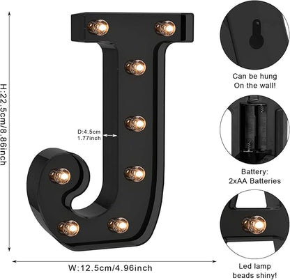 Foaky Black LED Letter Lights for Room Decor - Bedroom Wall Decor, Alphabet Lights for Home, Wedding, Party - Battery Operated （J）
