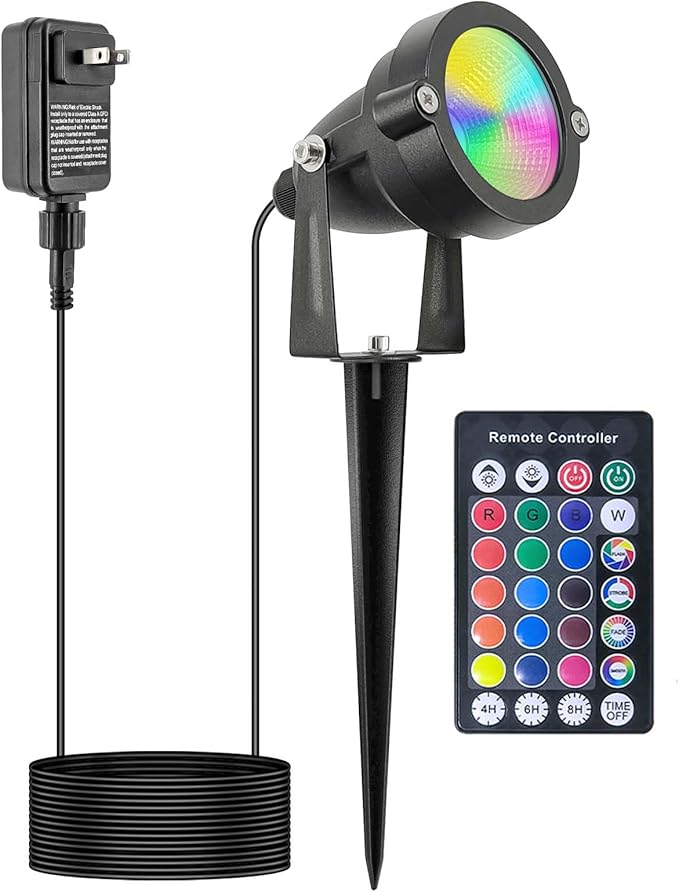 RGB Christmas Outdoor Spot Lights with Timer(4/6/8H), 12V 5W Metal case Color Changing Spot Light Outdoor Garden Yard Lawn Landscape SpotLights IP65 Waterproof, 1 Lights