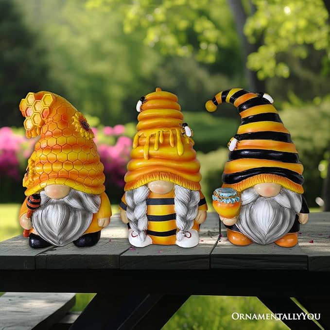 Spring & Summer-Themed Garden Statues – Adorable Outdoor Decor for Lawn, Patio & Porch (Buzzy Trio Set of Three Bumble Bee Gnome Figurines, 6" Tiered Tray Home or Garden Decoration)