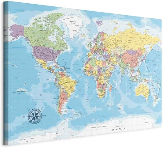 artgeist Canvas Wall Art Print World Map 24x16 in - 1pcs Home Decor Framed Stretched Picture Photo Painting Artwork Image Worldmap Continents Travel Gift k-C-0128-b-a