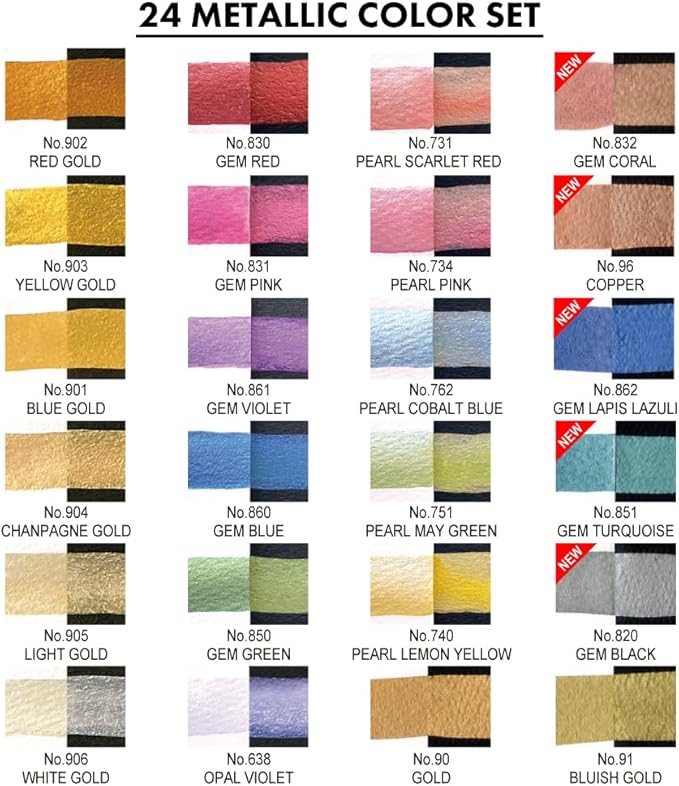 Kuretake GANSAI TAMBI Watercolor Paint Set 24 Glittery Colors - Metallic, Professional-quality art supplies for artists adult painting aketching, Non-Toxic, Made in Japan