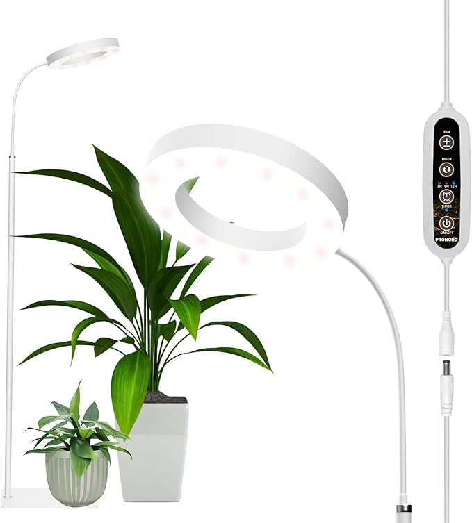 Grow Light, LED Floor Grow Lights for Indoor Plants, Full Spectrum Plant Growing Lamp for Large Plants, Auto ON/Off Timer, 6 Dimmable Levels, 3 Switch Mode, 63 inches Adjustable Height, White