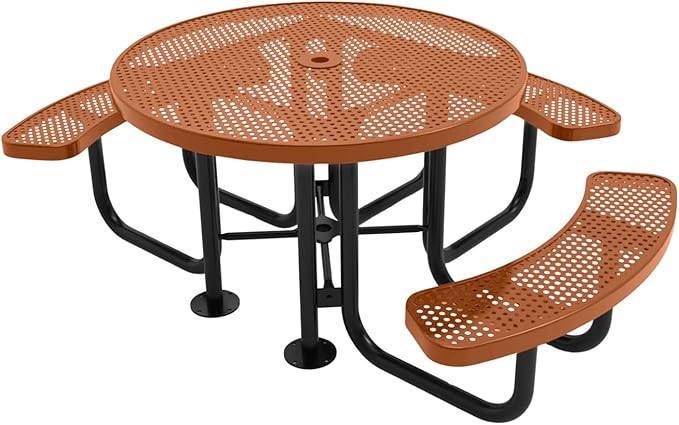 Heavy-Duty Portable Outdoor Picnic Table with Umbrella Hole, Punched Steel Patio Dining Furniture Made in America (46" Round Top, Textured Copper)