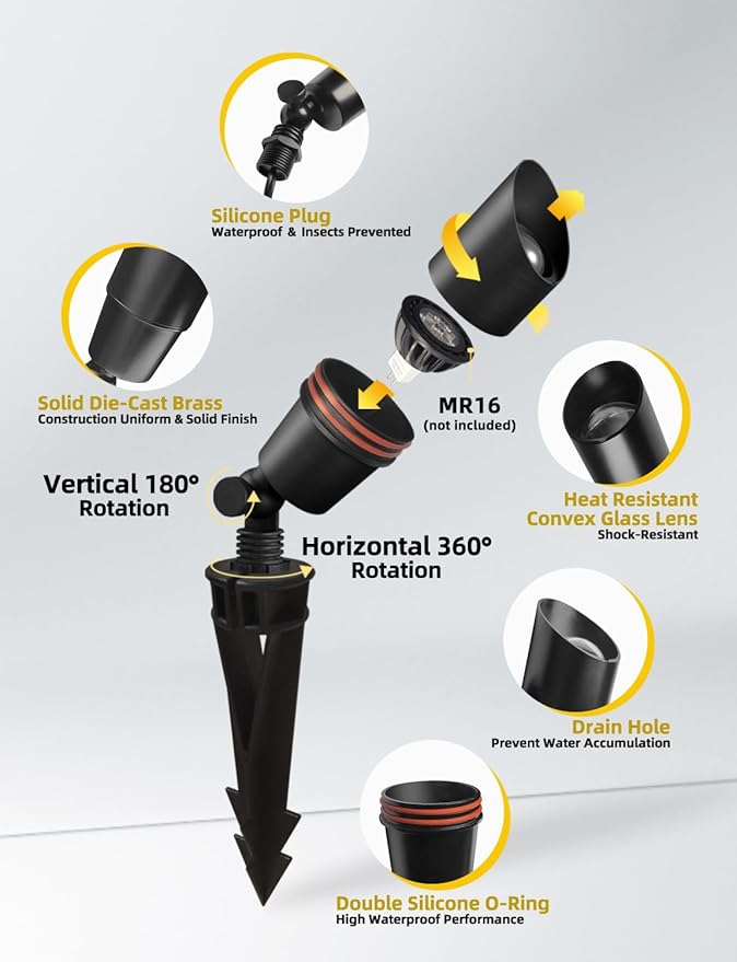 COLOER Brass Low Voltage Landscape Spotlight Fixture(Black) 12-Pack Without Bulb,12V AC/DC Outdoor Spot Lights for Yard, Directional Garden Patio Spot Up Light(101B-Black)